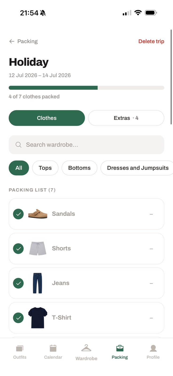 A Dayclo packing list with category filters