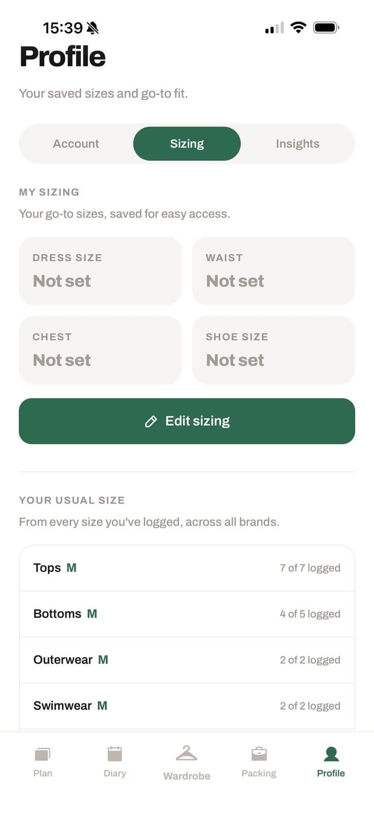 Dayclo's sizing view with saved sizes and usual size per category